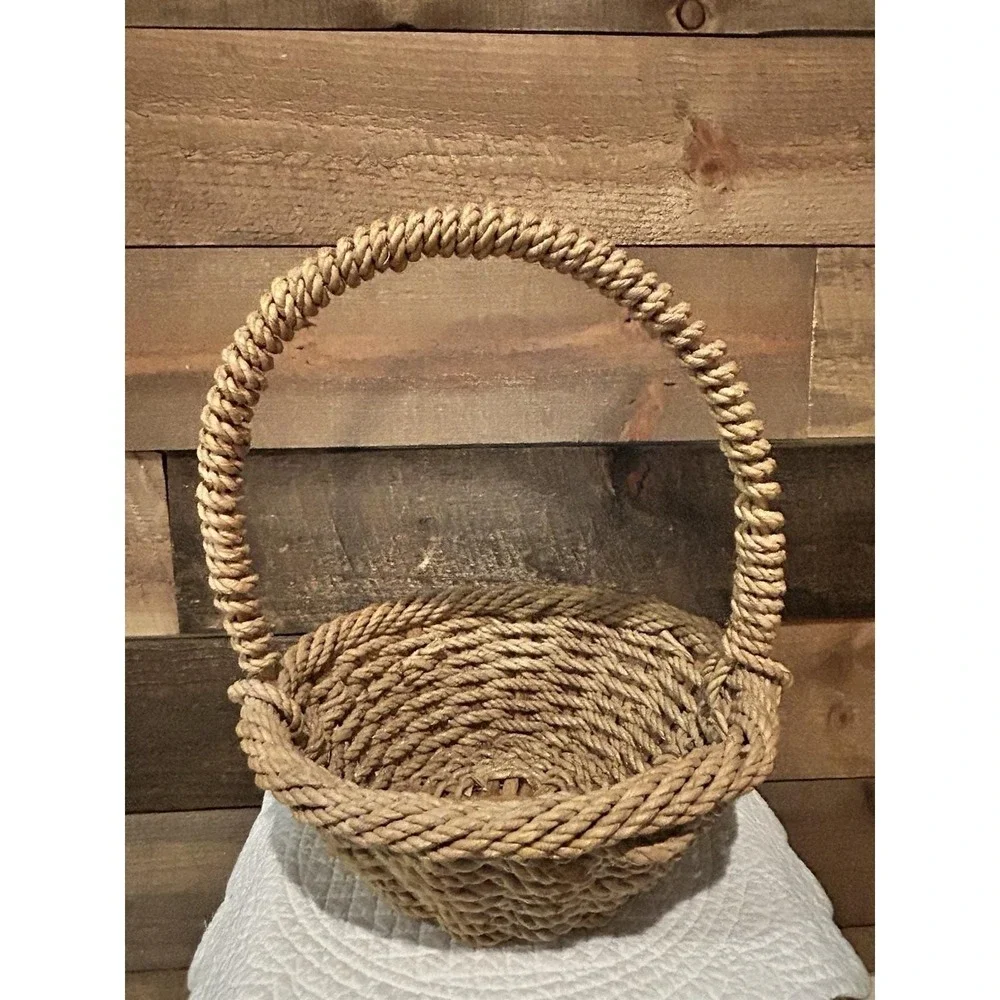 Vintage Woven Jute Rope Basket Round, Wicker And Jute Rope Weaving 12